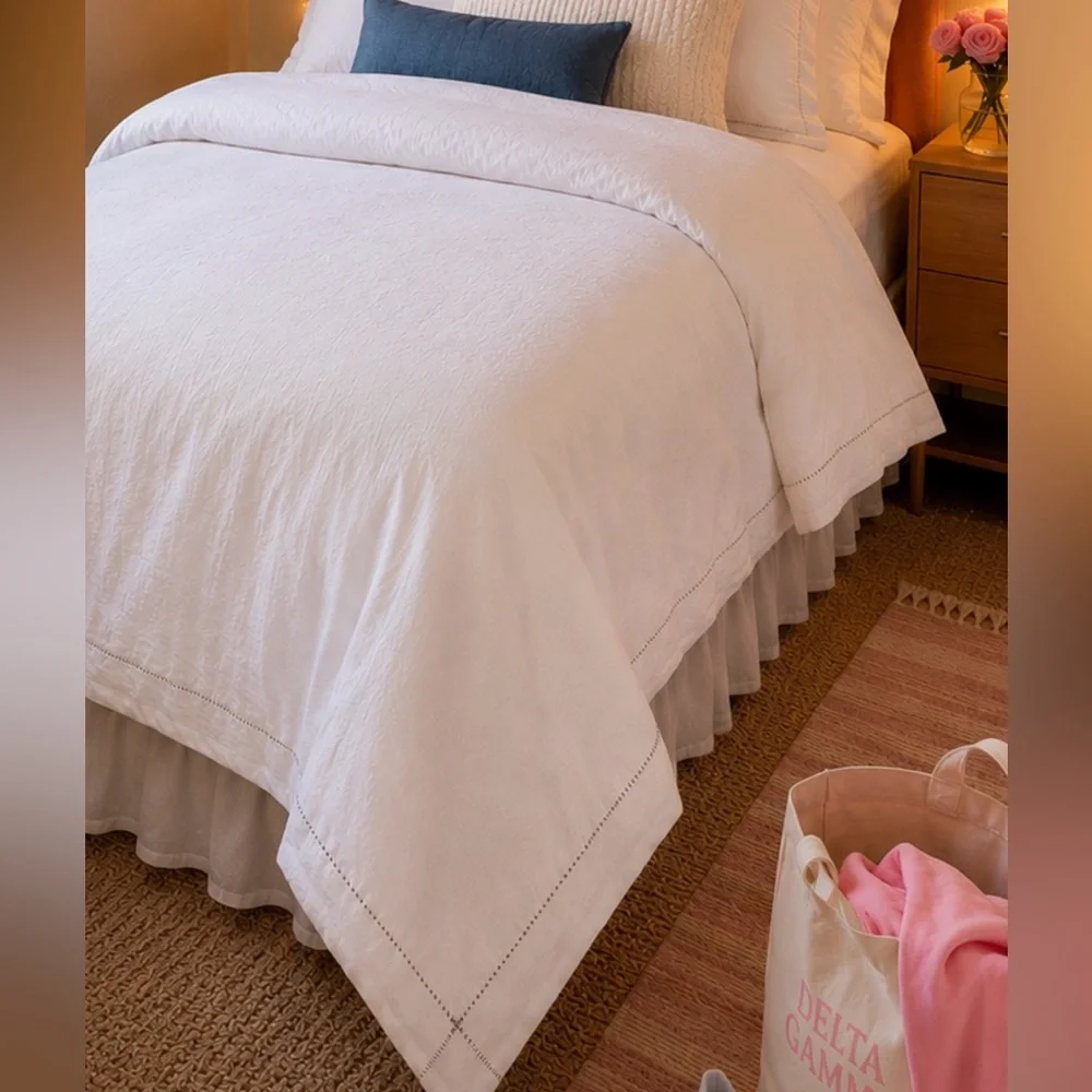 Anthropologie stitched organic linen duvet cover twin Dorm white grey embroidery